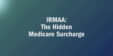White text on a blue-green gradient background reads “IRMAA Medicare Surcharge: The Hidden Cost.”.