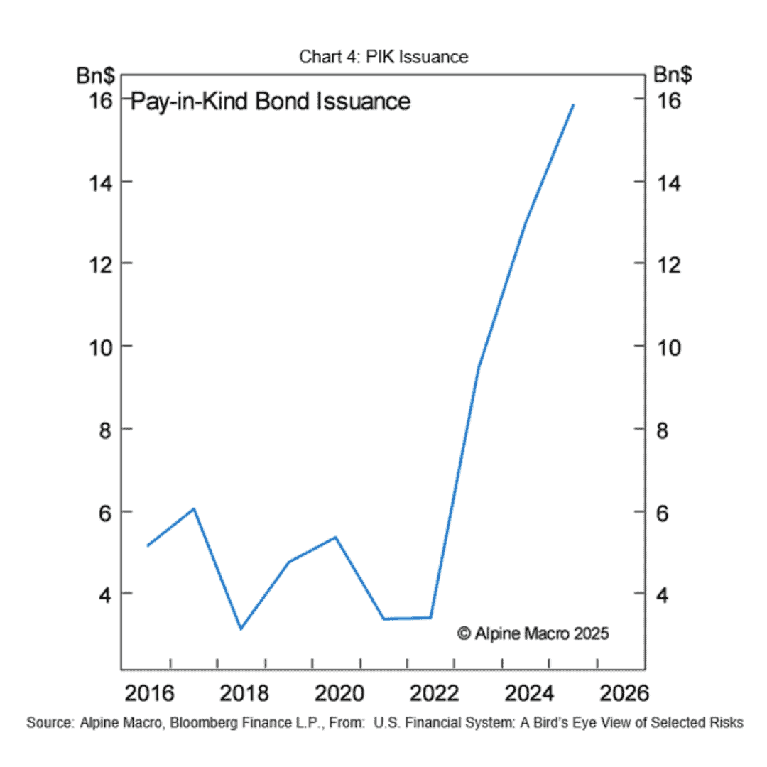 Chart 4: Payment-in-kind issuance in private credit markets showing sharp increase since 2022 as borrowers defer cash interest payments