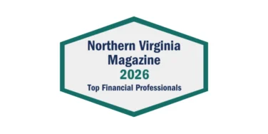 Badge with “Northern Virginia Magazine 2026 Top Financial Professionals” written in blue and green text inside a green-bordered hexagon.