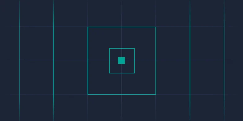 A dark grid with three centered, overlapping turquoise squares of increasing size.