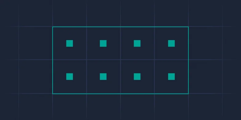 A dark grid background with a light blue rectangle containing two rows of four teal squares, evenly spaced within the rectangle.