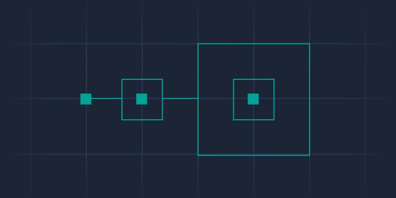 Four turquoise squares of increasing size are connected in a row by lines, set against a dark grid background.