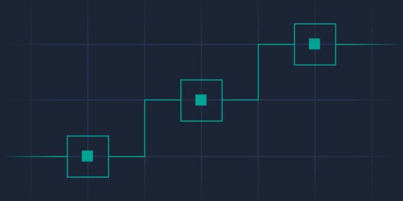 A turquoise step-like line with three square nodes ascends diagonally from left to right on a dark blue grid background.