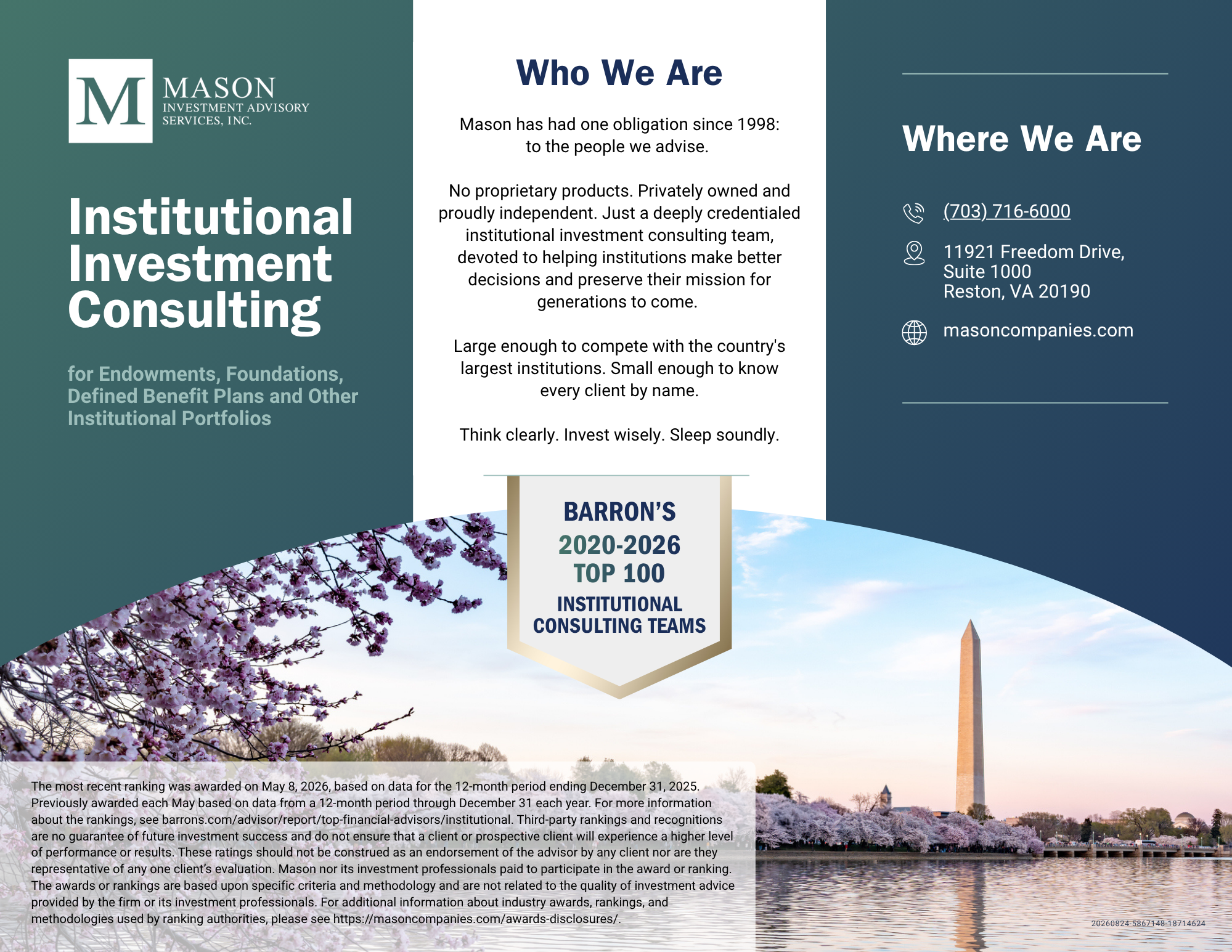 A brochure for Mason Investment Advisory Services, Inc. describes their institutional investment consulting services and contact information, with images of cherry blossoms and an office building.